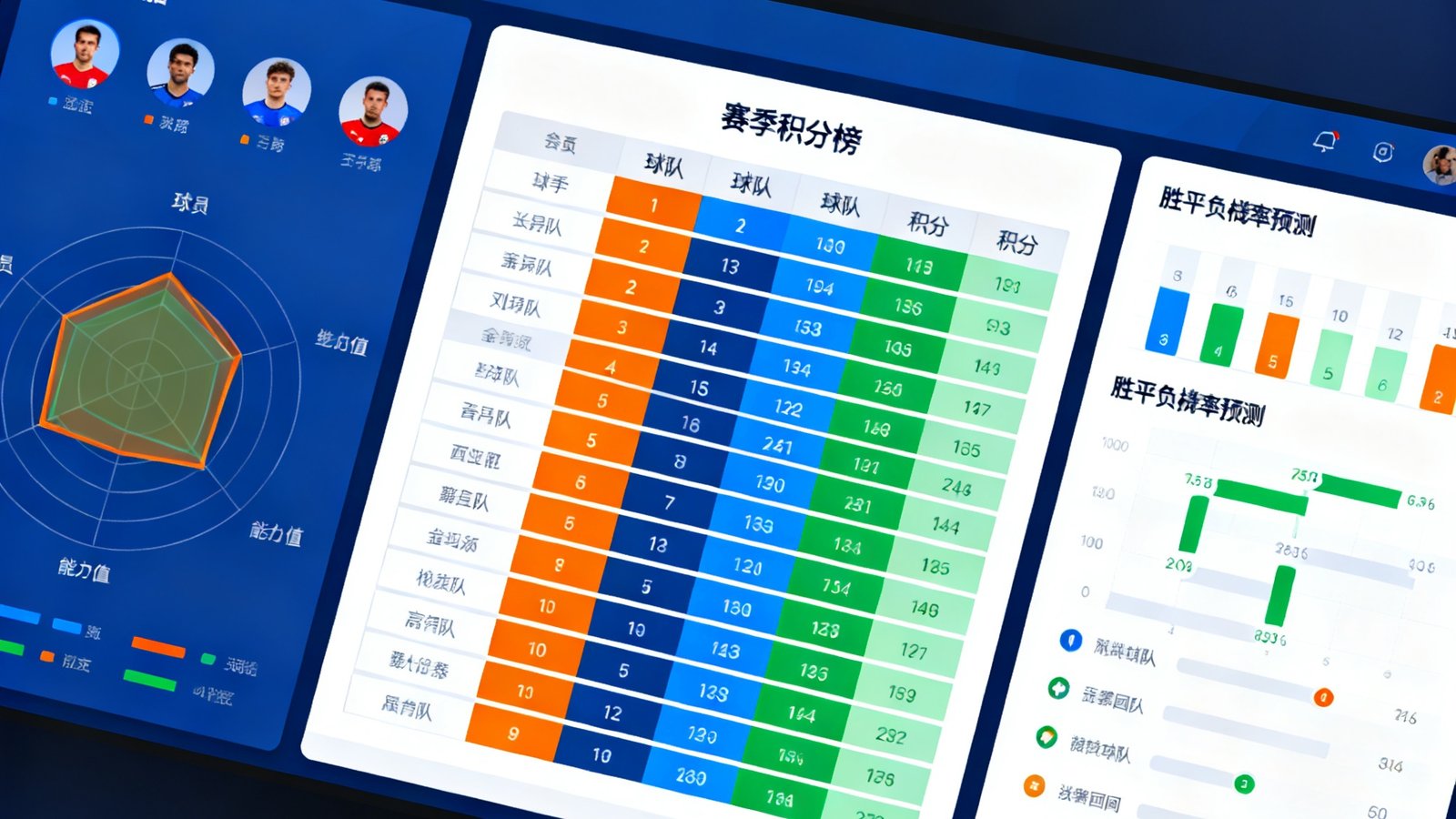 数据统计分析仪表盘界面，展示球员数据雷达图、赛季积分榜和胜平负概率预测面板，图表清晰色彩区分明显
